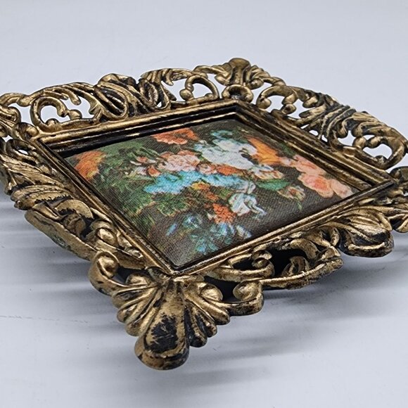 Vintage Ornate Plastic Gold Mini Picture Frame With Floral Satin Fabric 2x2.5 - Picture 11 of 11